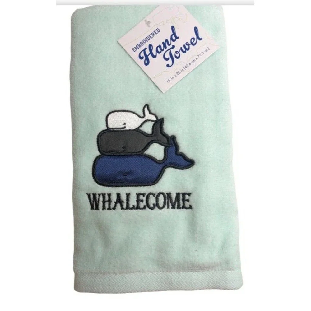 Whale Hand Towels Embroidered Bath Summer Beach Mint Green Set of 2 Whales